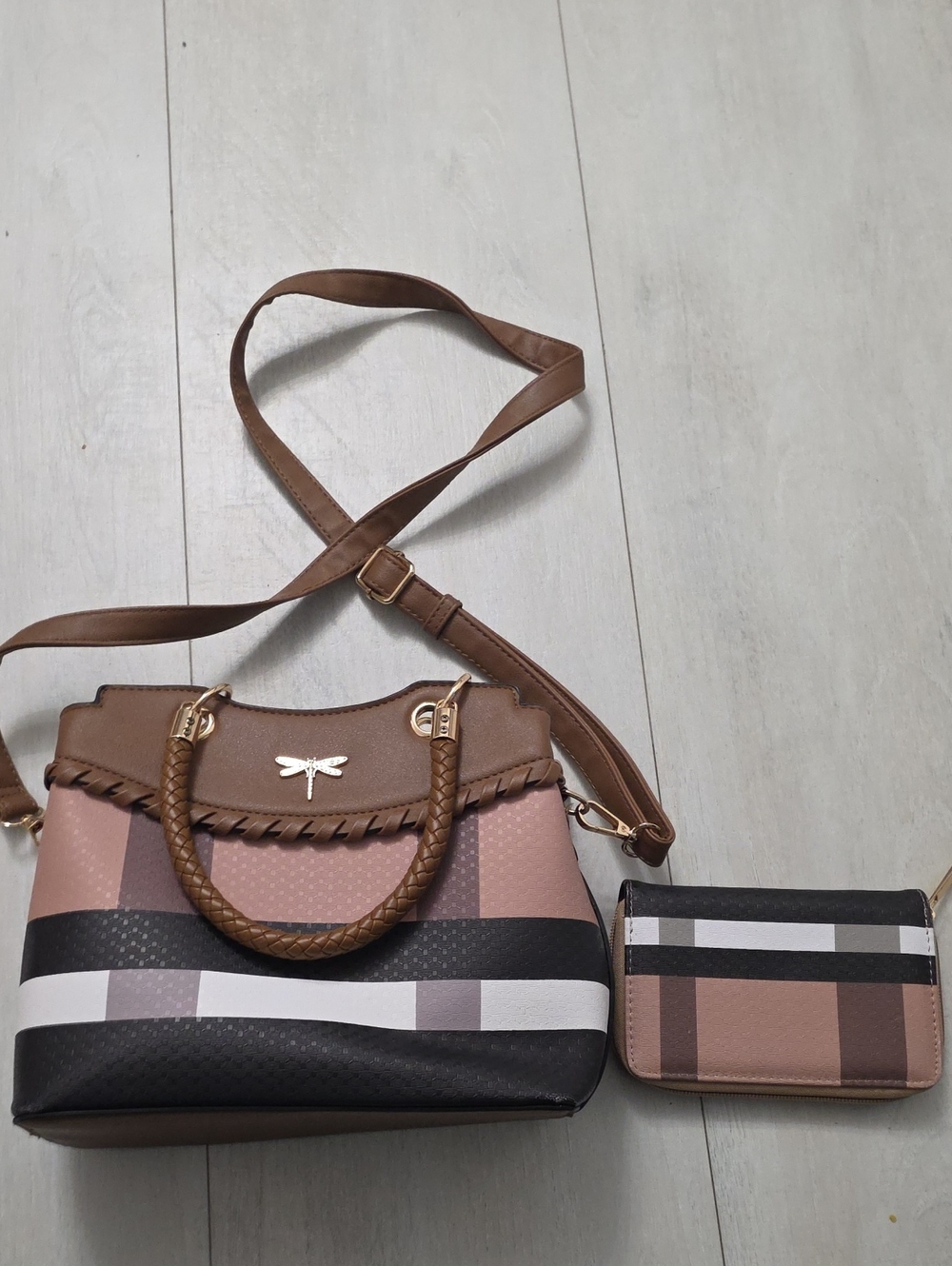 Women's Brown Plaid Crossbody Handbag Set